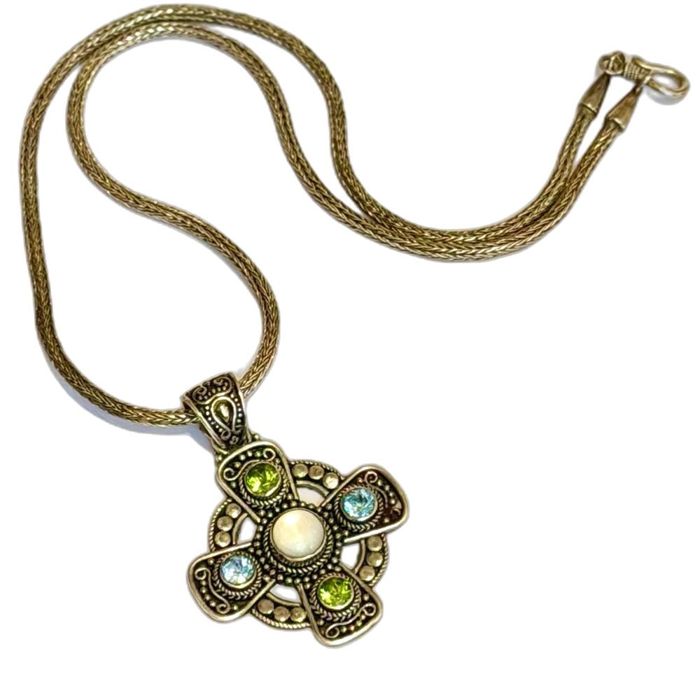 Vtg BA Suarti Bali Cross Pendant Sterling Silver & 18K Gold Multi Gemstone Goth